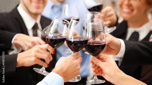 People clink wine glass in a large party