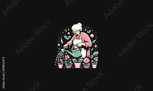 grandma watering the plants vector illustration artwork design