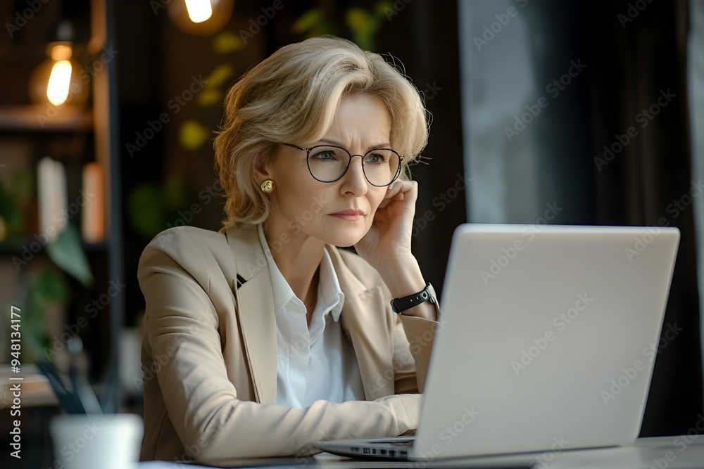 Mature Professional Business Woman Working Intently on Laptop at Office Desk Mature Professional Business Woman Working Intently on Laptop at Office Desk