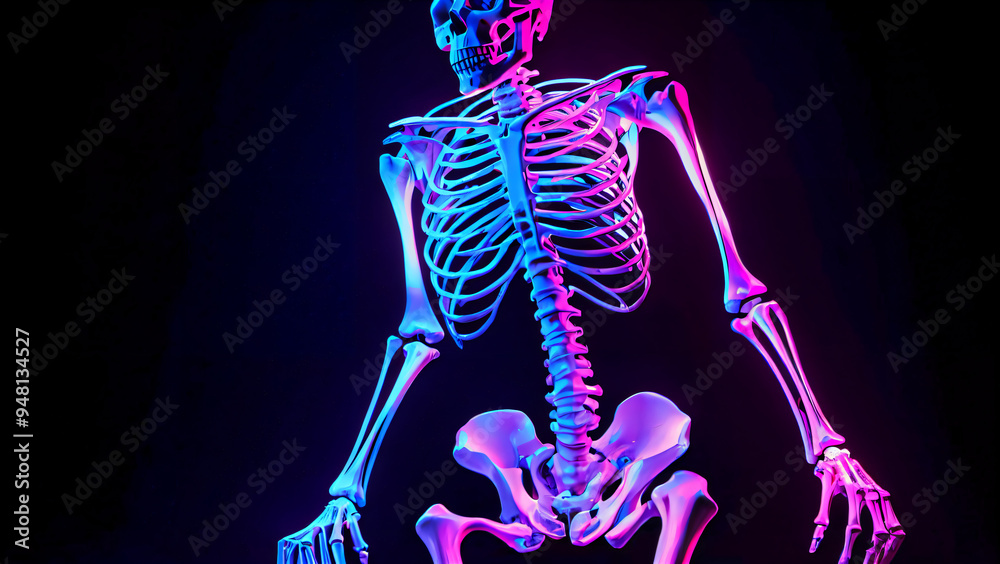 Expressive neon lighting of the human skeleton on a dark background: a ...