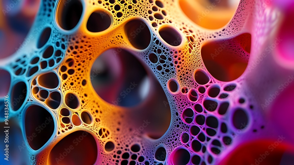A close-up of a vibrant abstract, colorful 3D structure with intricate details and a network of interconnected holes. A close-up of a vibrant abstract, colorful 3D structure with intricate details and a network of interconnected holes.