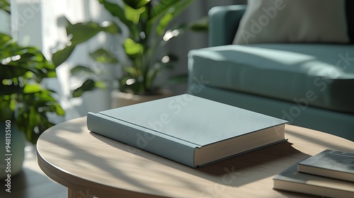 A book mockup sits on a wooden table in a minimalist living room, providing a canvas for creative design ideas.