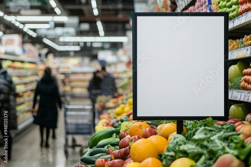 Blank sign is displayed in a grocery store near fresh fruits and vegetables