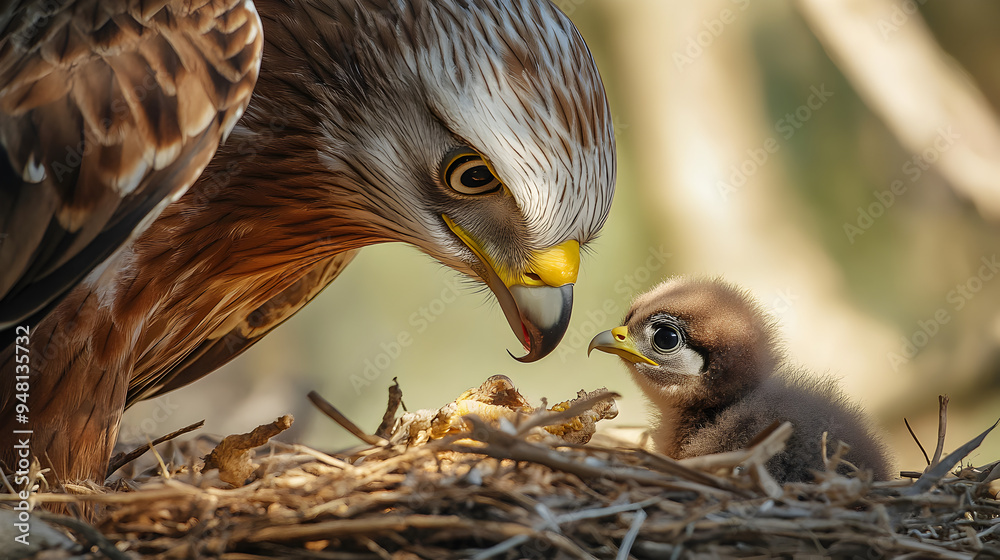 Obraz premium Powerful Raptor Feeding Newborn Chicks in Nest in Natural Habitat