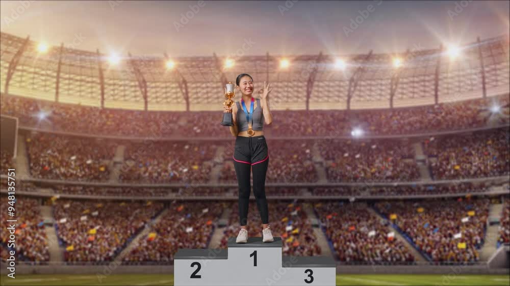 Full Body Of Asian Woman With A Gold Medal And Trophy Showing Okay Gesture And Smiling To Camera As The First Winner At The Stadium Full Body Of Asian Woman With A Gold Medal And Trophy Showing Okay Gesture And Smiling To Camera As The First Winner At The Stadium