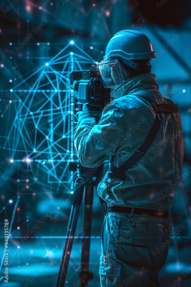 Technician using advanced surveying equipment to capture data in a high-tech industrial setting at night