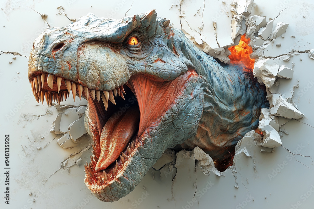 Illustration of a T-Rex smashing through a wall and roaring Stock ...