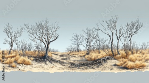 Seamless clipart depicting deforestation with a focus on the destruction of natural landscapes, featuring barren ground and uprooted trees on a white background. photo