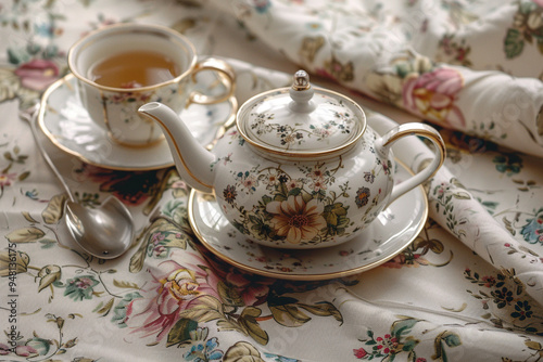 Elegant Tea Set on Floral Tablecloth