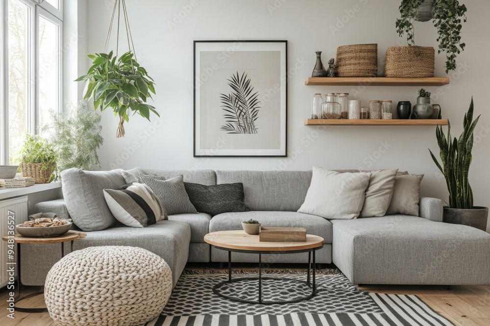A classic Scandinavian style living room interior with wooden furniture and natural sunlight features black and white fabrics and decorations A classic Scandinavian style living room interior with wooden furniture and natural sunlight features black and white fabrics and decorations
