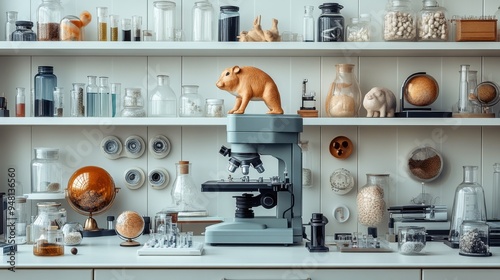 Seamless clipart of a laboratory setting with animal models, microscopes, and scientific equipment on a white background.