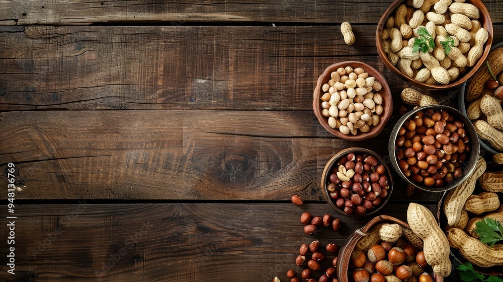 A wide-angle view of a rustic wooden table filled with a variety of peanuts, both shelled and unshelled, creating a rich, natural background A wide-angle view of a rustic wooden table filled with a variety of peanuts, both shelled and unshelled, creating a rich, natural background