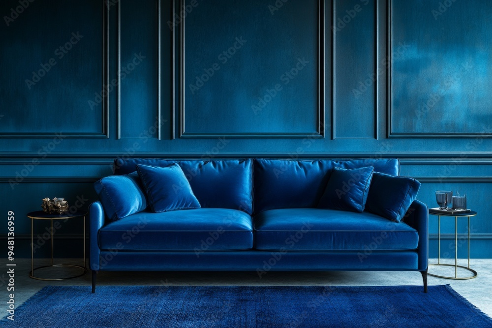 3D rendering of a modern living room with a sofa and coffee table on carpet tiles and dark blue walls 3D rendering of a modern living room with a sofa and coffee table on carpet tiles and dark blue walls