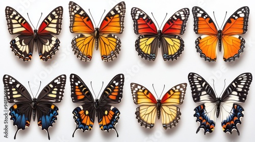 Seamless clipart of various butterflies in different colors and patterns, such as Monarch and Swallowtail, illustrated against a clean white background.