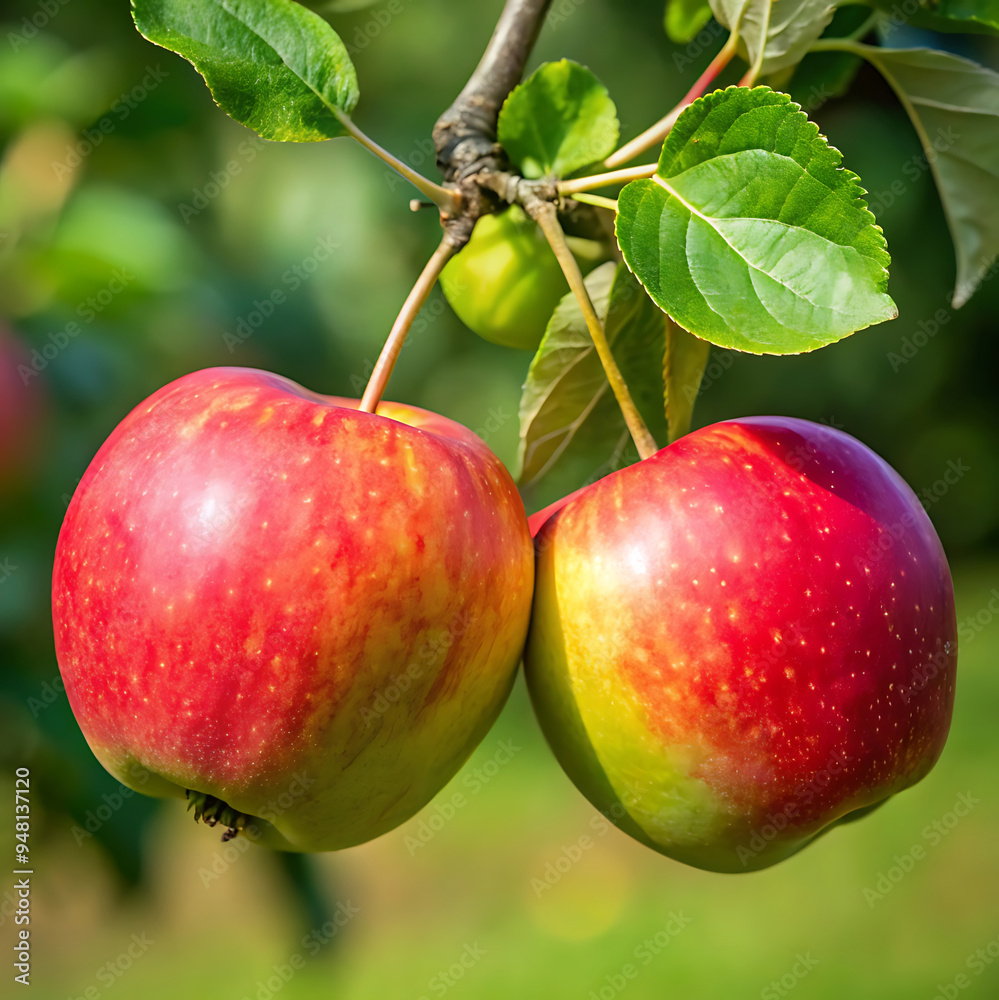 Ripe and Unripe A Tale of Two Apples hanging on stem Ripe and Unripe A Tale of Two Apples hanging on stem