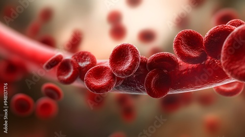 A detailed 3D render of a blood vessel with numerous red blood cells in motion, demonstrating the flow within the vessel against a neutral background.  photo