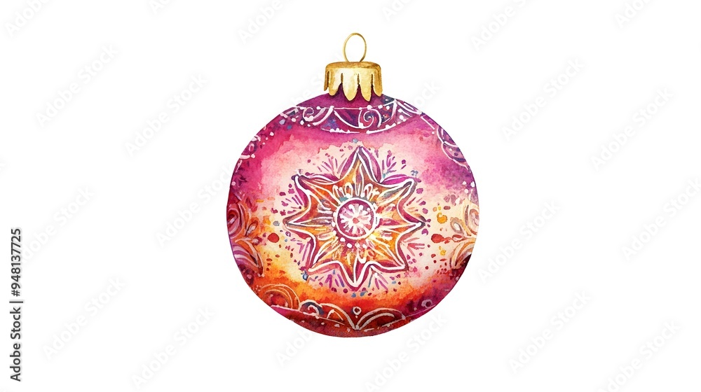 Decorative Boho Christmas Bauble with Mandala Patterns in Warm Watercolor Tones Decorative Boho Christmas Bauble with Mandala Patterns in Warm Watercolor Tones