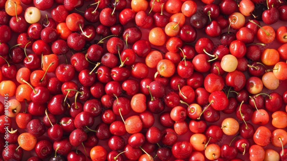An enticing background featuring cherries with varying degrees of ripeness, creating a visually appealing and colorful pattern An enticing background featuring cherries with varying degrees of ripeness, creating a visually appealing and colorful pattern