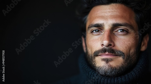 A close-up portrait of a bearded man wearing a dark turtleneck, exuding confidence and maturity, against a dark background, reflecting contemporary fashion and timeless style.