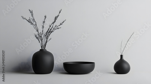 Three black ceramic vases of varying shapes and sizes are arranged on a shelf against a white wall.