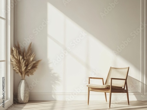 Interior wall mockup in Japanese style with a caned chair, beige pillow, and dried pampas grass in a ceramic vase on a white background. 3D rendering, illustration.