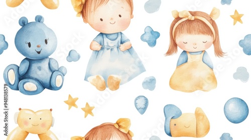 Watercolor baby toys set, headbands, dolls, aprons, seamless, nurturing design