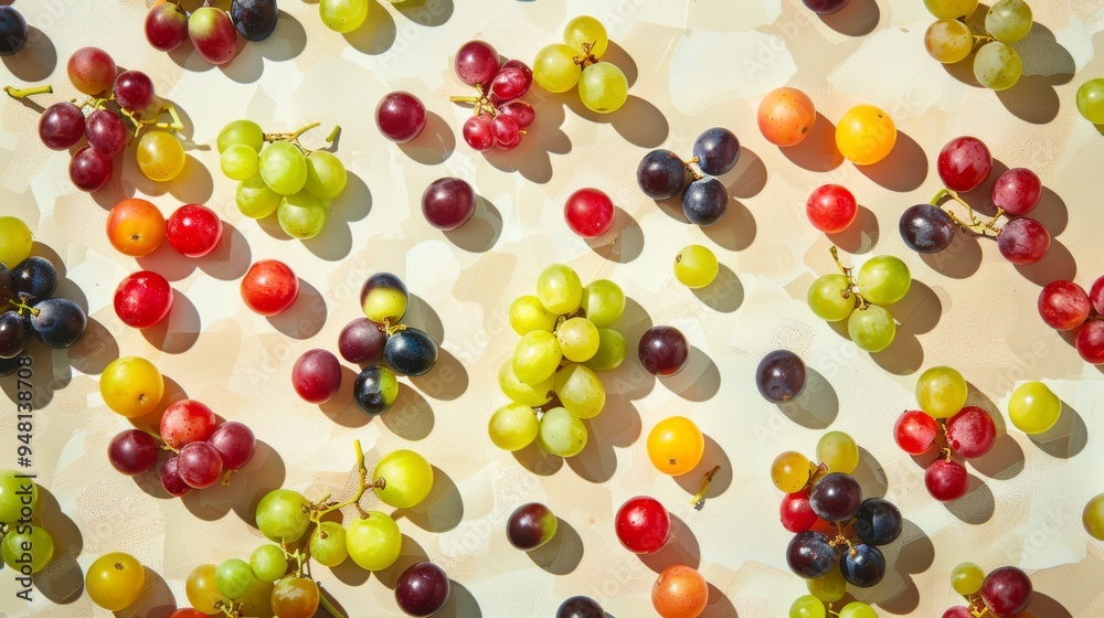 Assorted grapes scattered on a clean surface, creating a pattern of vibrant colors and textures Assorted grapes scattered on a clean surface, creating a pattern of vibrant colors and textures