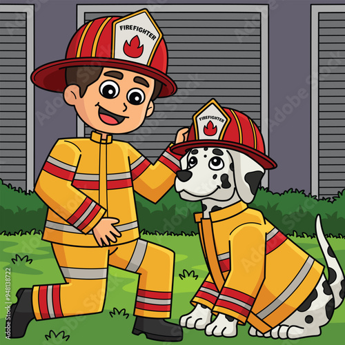 Firefighter Boy and Firefighter Dog Colored 
