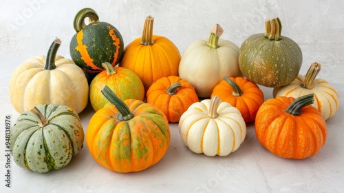 Assorted pumpkins in shades of orange, yellow, and green placed on a plain background