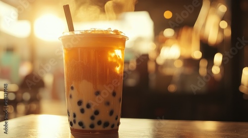 A cup of Thai milk tea with black tapioca pearls, glowing in the warm afternoon light.