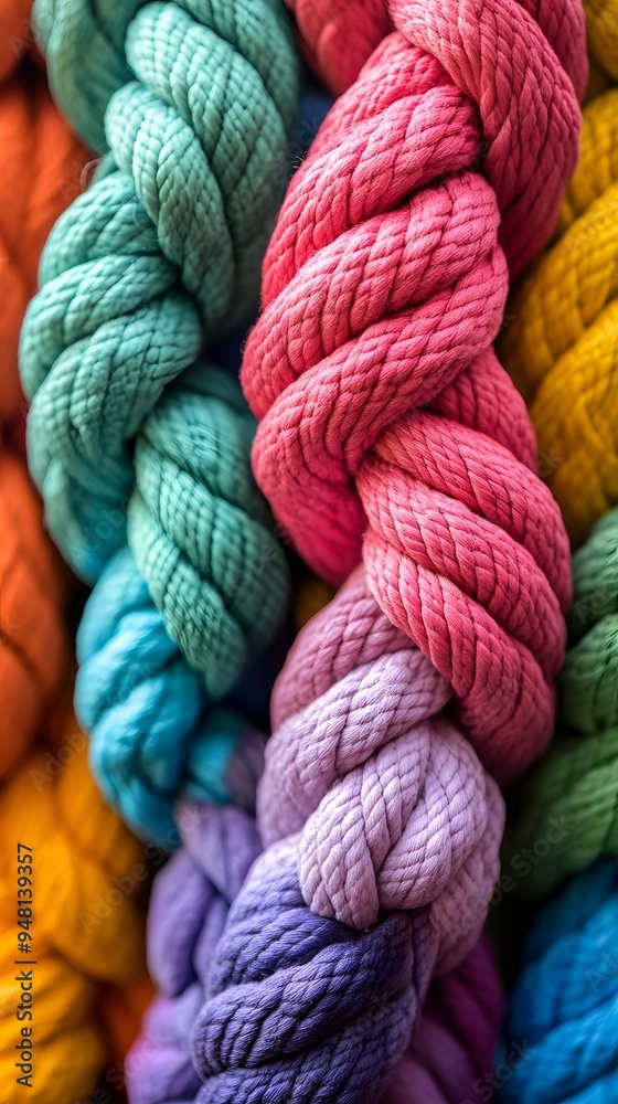 Close-up of colorful ropes interwoven in intricate patterns, symbolizing the strength and unity found within a diverse community Close-up of colorful ropes interwoven in intricate patterns, symbolizing the strength and unity found within a diverse community