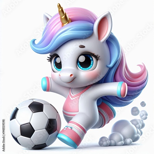 Cute Unicorn Playing Soccer Cartoon,3d, Generative AI

