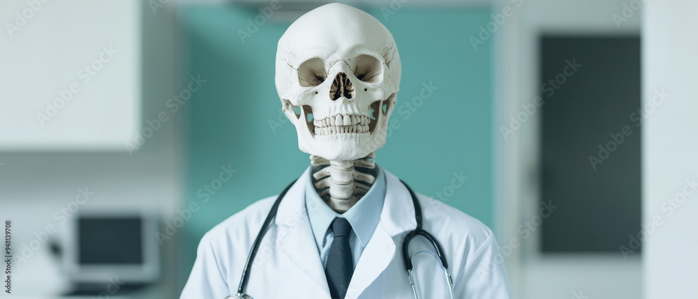 Skeleton doctor in a medical setting, wearing a lab coat and stethoscope, symbolizes anatomy education or healthcare themes in a modern clinic environment Skeleton doctor in a medical setting, wearing a lab coat and stethoscope, symbolizes anatomy education or healthcare themes in a modern clinic environment
