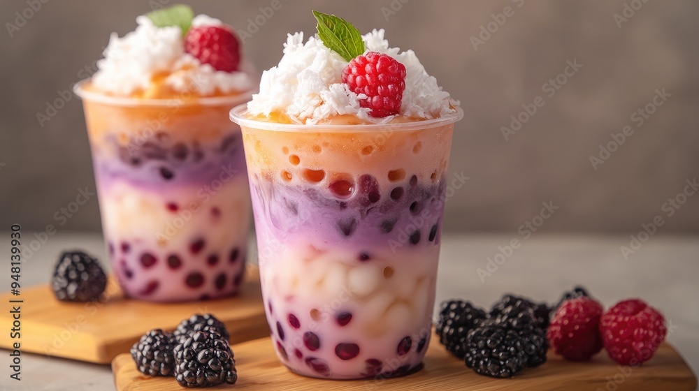 A delicious taro bubble tea with tapioca pearls and a layer of coconut cream on top. A delicious taro bubble tea with tapioca pearls and a layer of coconut cream on top.