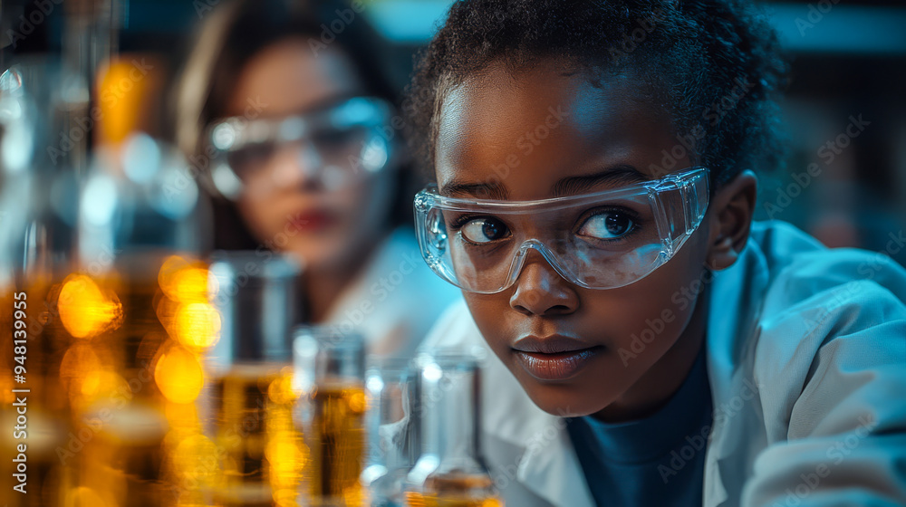 A young student wearing safety goggles focuses on an experiment in a science lab, surrounded by beakers filled with glowing liquids.. A young student wearing safety goggles focuses on an experiment in a science lab, surrounded by beakers filled with glowing liquids..
