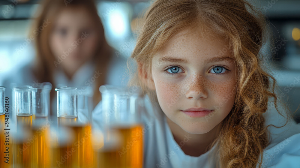 A thoughtful young girl in a science lab observes beakers filled with vibrant liquids, deeply engaged in a hands-on experiment.. A thoughtful young girl in a science lab observes beakers filled with vibrant liquids, deeply engaged in a hands-on experiment..
