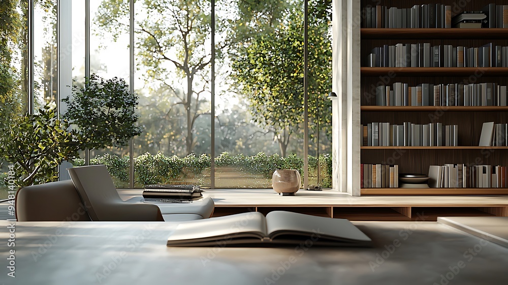 Fototapeta premium A modern minimalist home office features a bookcase and large windows, creating a bright and airy workspace.