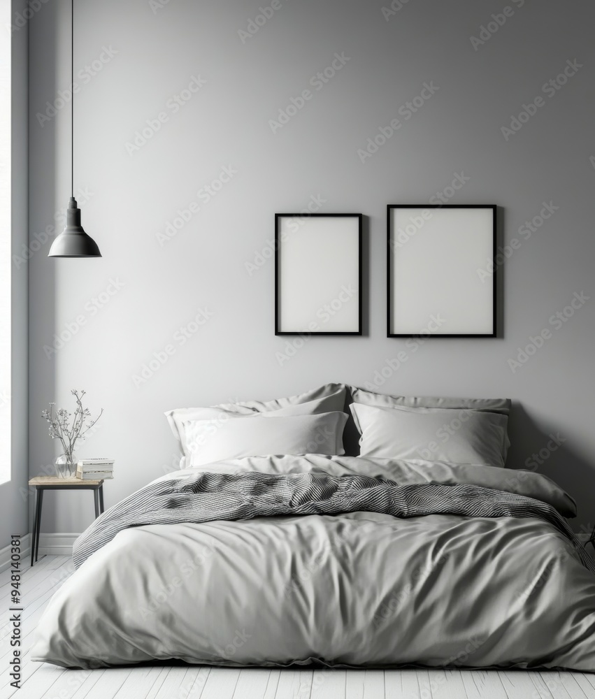 3D illustration of blank two frames in a modern bedroom in beige tones 3D illustration of blank two frames in a modern bedroom in beige tones