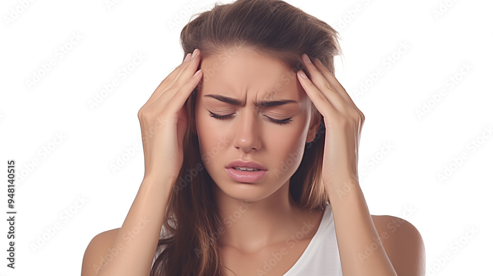 Woman with her hand on her forehead, grimacing in pain, suffering from a severe headache, isolated on transparent background Woman with her hand on her forehead, grimacing in pain, suffering from a severe headache, isolated on transparent background