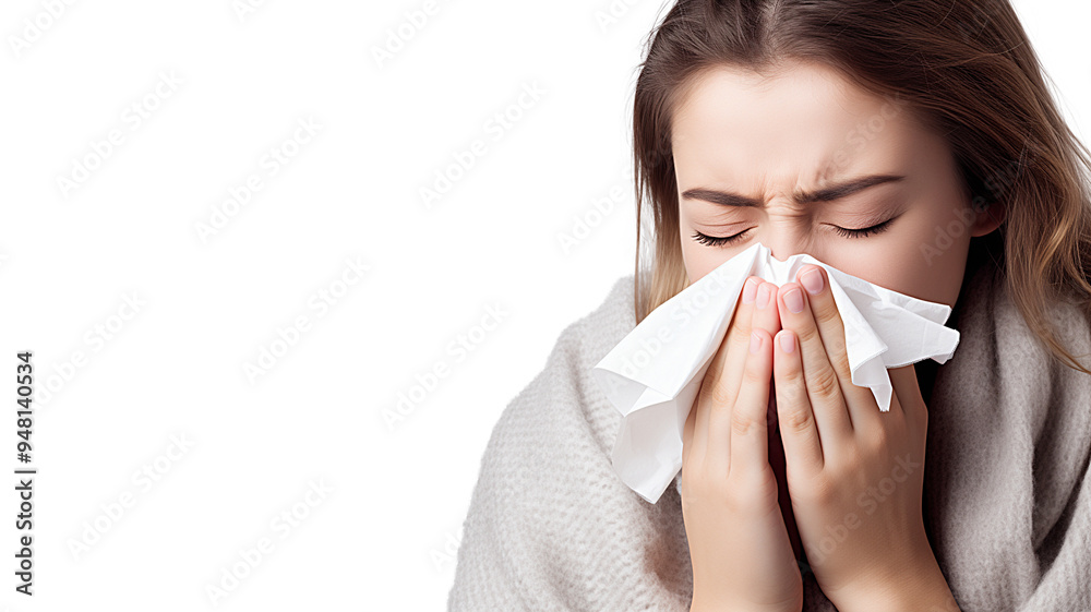 Woman sneezing into a tissue, showing symptoms of a cold, isolated on transparent background Woman sneezing into a tissue, showing symptoms of a cold, isolated on transparent background