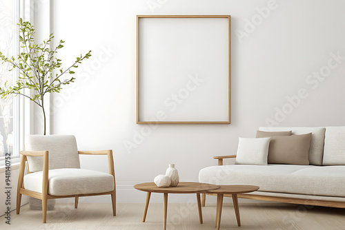 A living room with a white couch, a coffee table, and two chairs Blank Photo frame