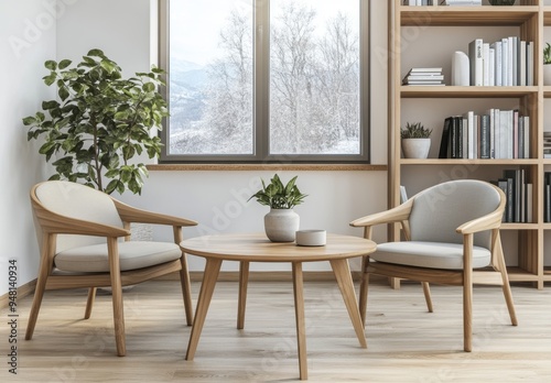 An empty wall mockup of a living room with chairs and decorations.