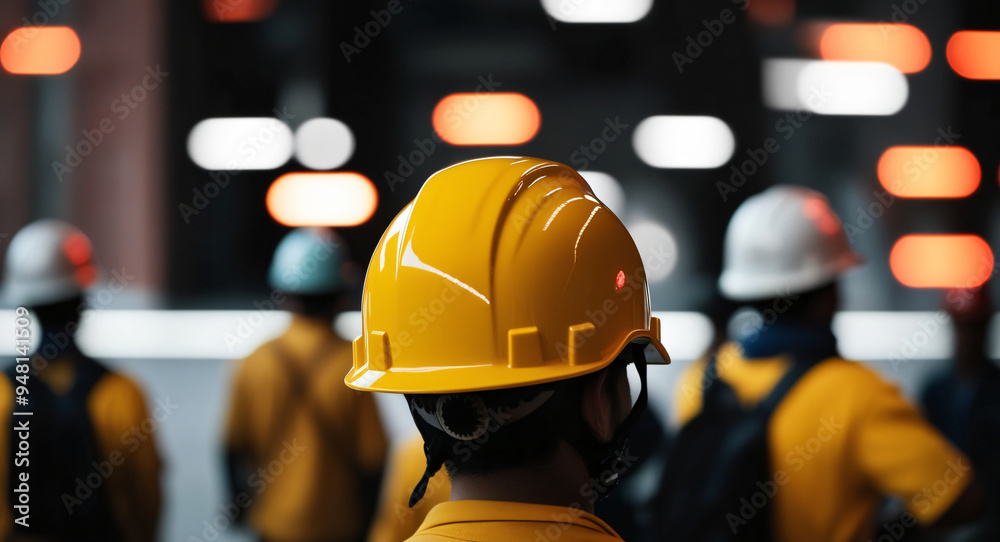 Many yellow hardhat helmet on row in construction site Many yellow hardhat helmet on row in construction site
