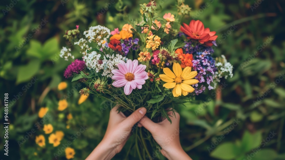Hands holding a colorful bouquet of wildflowers in spring against lush green foliage Hands holding a colorful bouquet of wildflowers in spring against lush green foliage