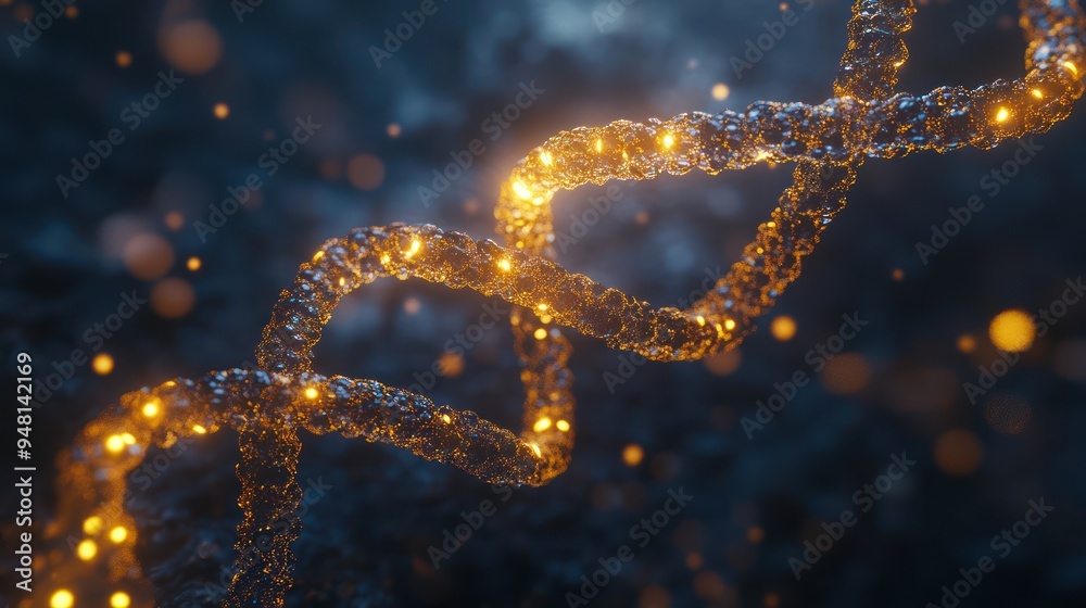 A close-up of a luminous golden DNA strand shimmering against a dark background, symbolizing the essence of life and molecular biology. A close-up of a luminous golden DNA strand shimmering against a dark background, symbolizing the essence of life and molecular biology.