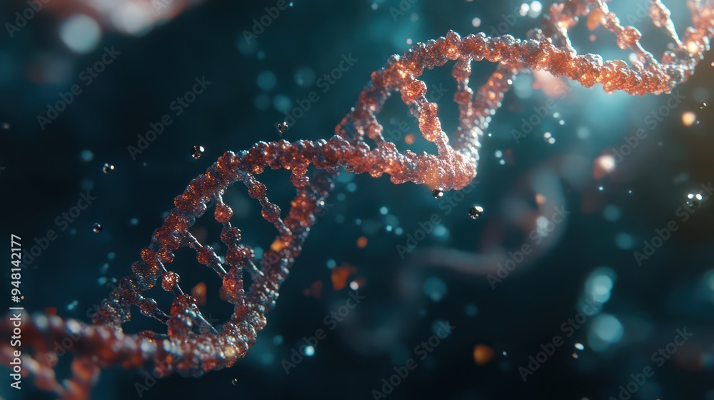 Fototapeta premium A mesmerizing close-up of a DNA double helix structure, showcasing vibrant orange strands against a softly illuminated background.