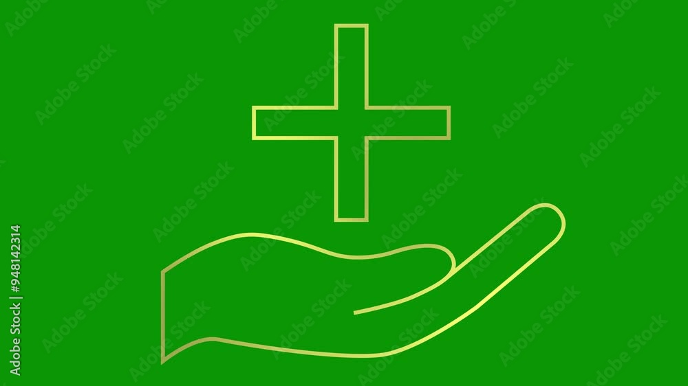 Animated golden icon of hand with medical cross. Linear symbol is drawn. Concept of pharmacy, hospital, ambulance, medicine. Looped video. Vector illustration isolated on green background.
