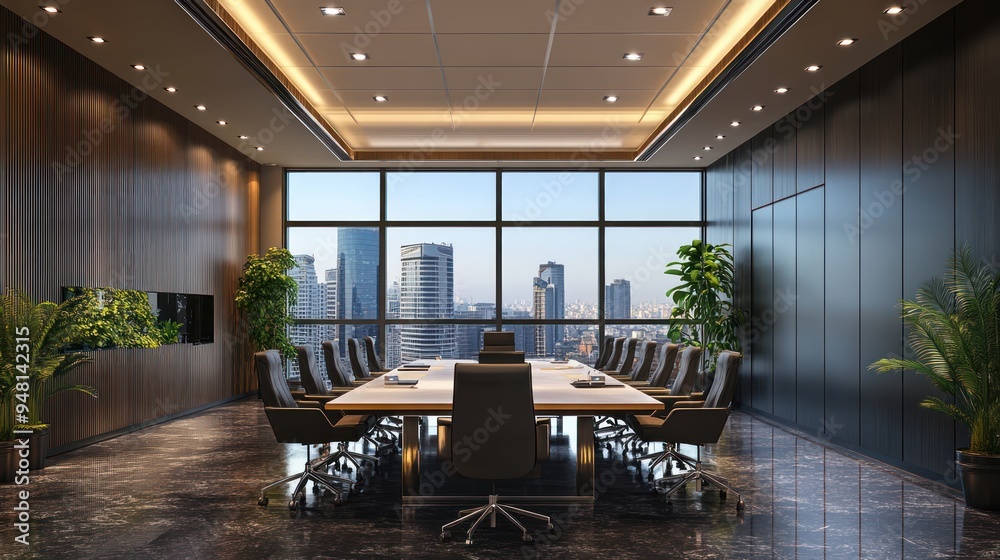 Modern conference room with panoramic city views and sleek furnishings, ideal for business meetings. Modern conference room with panoramic city views and sleek furnishings, ideal for business meetings.