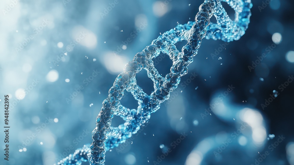 Close-up of a double helix DNA strand glistening in blue light, symbolizing genetic research and molecular biology. Close-up of a double helix DNA strand glistening in blue light, symbolizing genetic research and molecular biology.