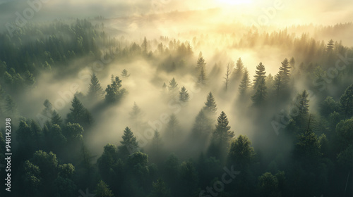 A forest with trees covered in mist. The trees are green and the sky is cloudy. The mist gives the forest a mysterious and serene atmosphere